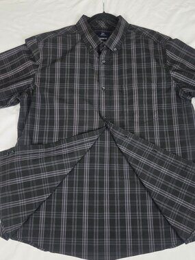 George Men Classic Fit Plaid Button Down Short Sleeve Shirt Black Gray XL